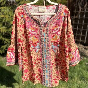 Savanna Jane Women's Champagne Floral Embroidered Bell Sleeve Blouse 1X 2X 3X